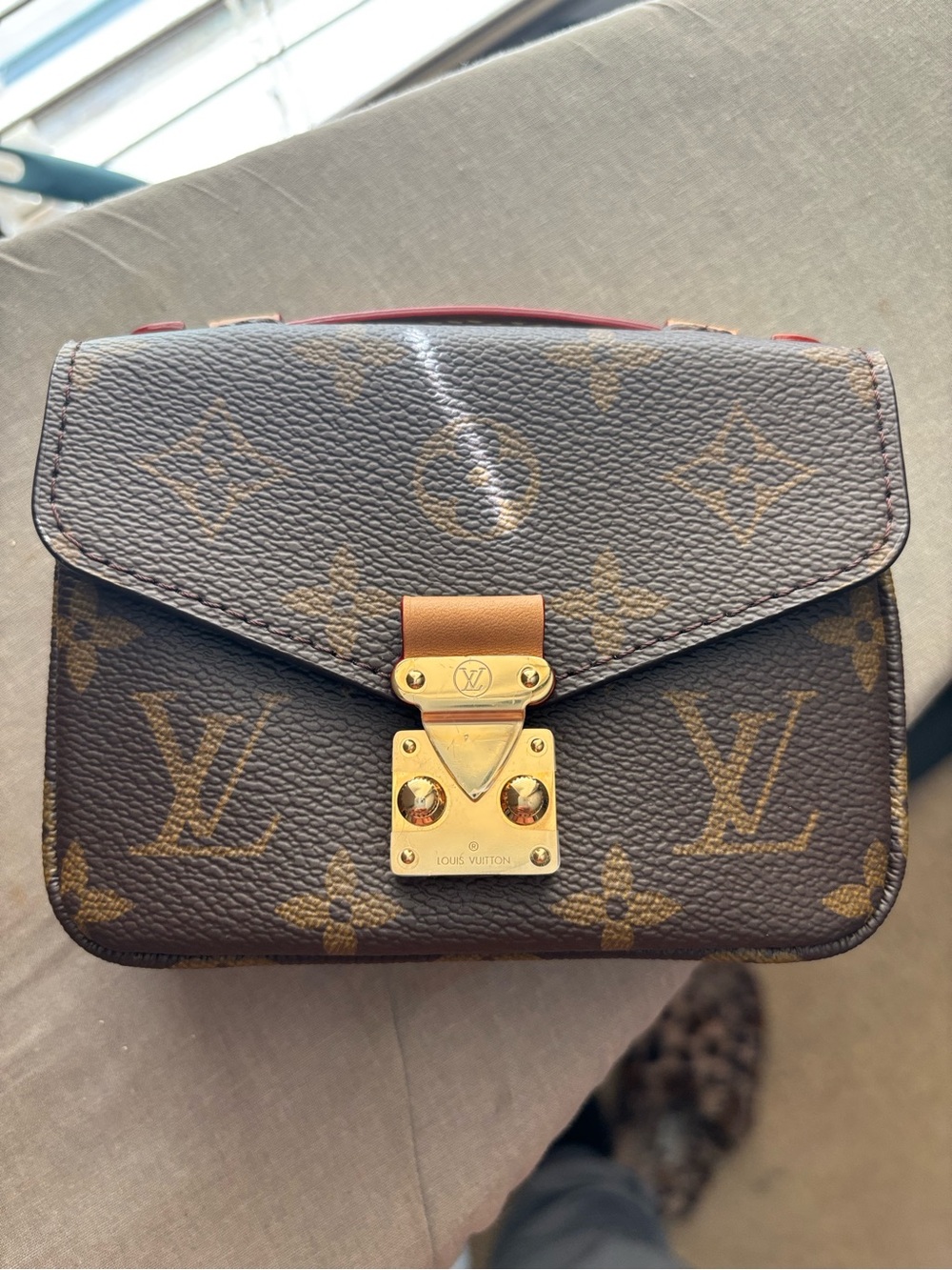 Louis Vuitton Monogram Mini Crossbody with Gold Hardware and Red Trim